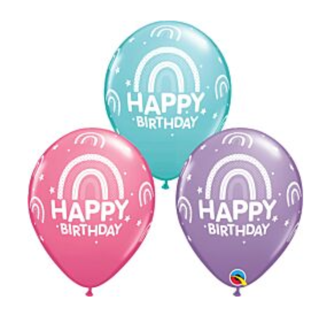 Three latex balloons with 'Happy Birthday' printed in white, attached to a string.