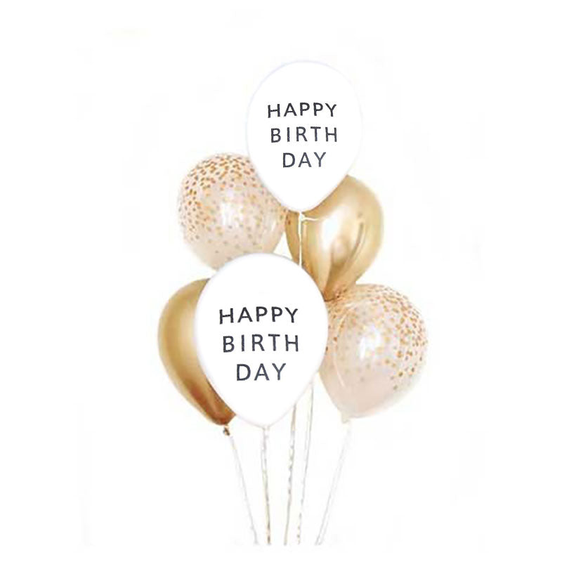 Happy Birthday Balloon bouquets with gold chrome balloons and confetti balloons.