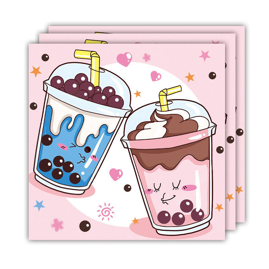 Two cartoon bubble tea illustrations on pink backgrounds with decorative elements.