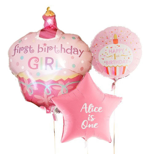 Cupcake 1st Birthday Pink Personalised Balloon Bouquet
