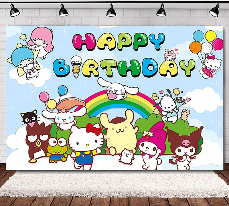 Birthday Banner Backdrop featuring all the friends of Hello Kitty, including Cinnamoroll, Little Twin Stars, Keroppi, Kuromi and My Melody.