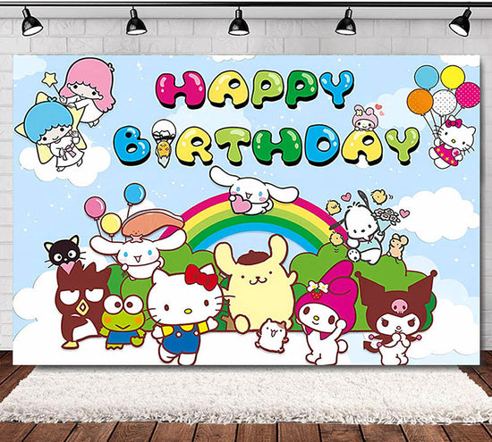 Birthday Banner Backdrop featuring all the friends of Hello Kitty, including Cinnamoroll, Little Twin Stars, Keroppi, Kuromi and My Melody.