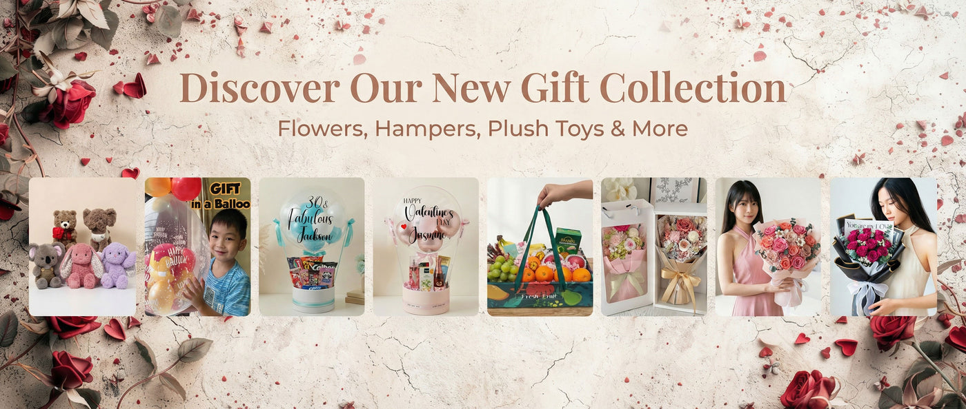 Promotional banner for a new gift collection featuring flowers, hampers, plush toys, and more.
