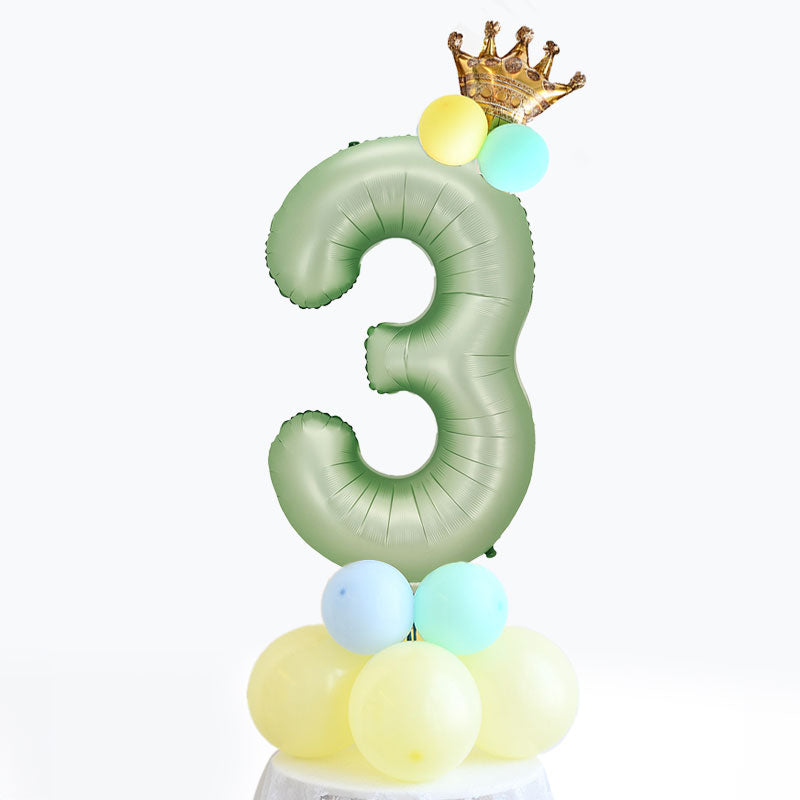 Light Green Number Balloon Table Display in Macaron Colours with Crown