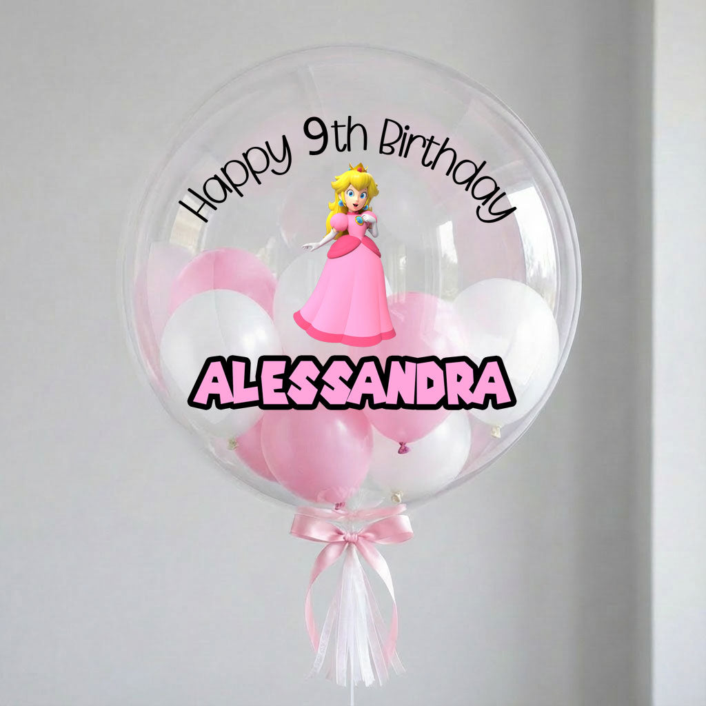 Transparent bubble balloon with pink and white balloons, Princess character, and text 'Happy 9th Birthday Alessandra' on a light gray background.