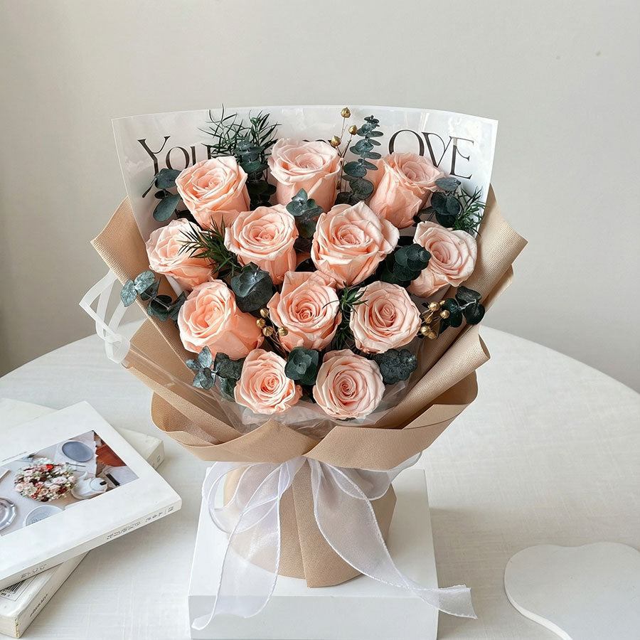Premium Everlasting Champagne Peach Rose Bouquet