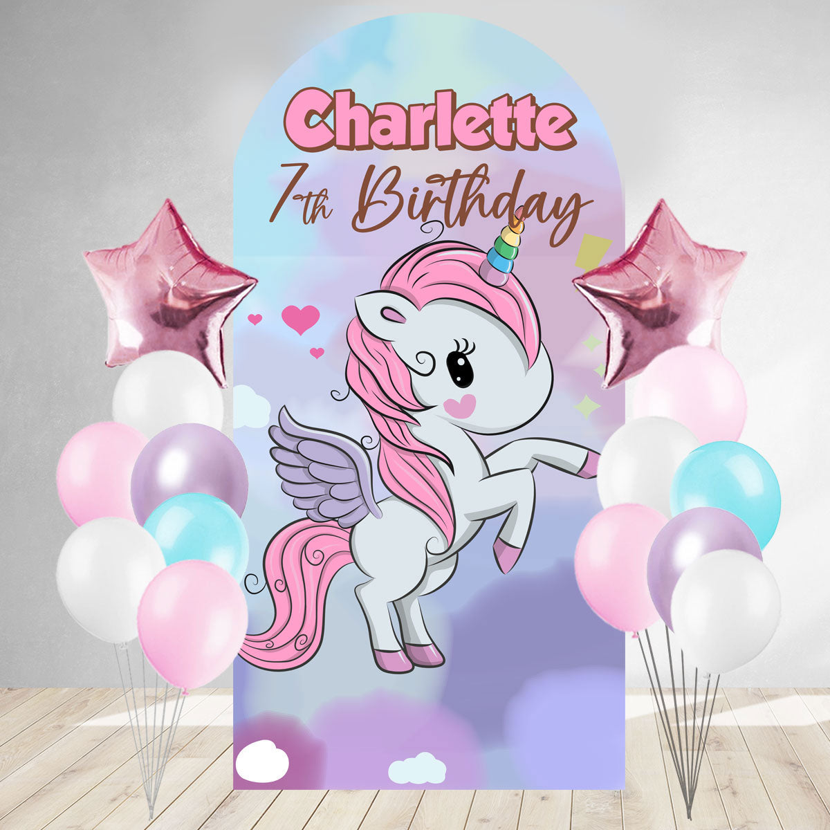 Sweet Unicorn backdrop and balloons
