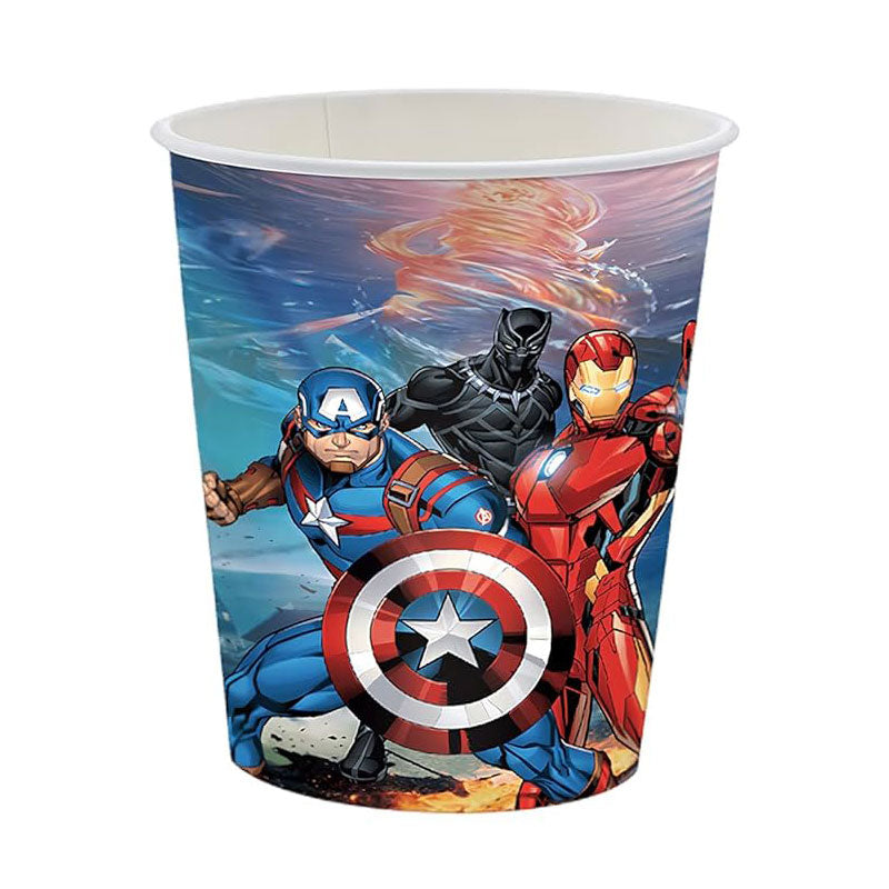 Avengers party cups featuring Iron Man, Black Panther, Thor and Captain America.