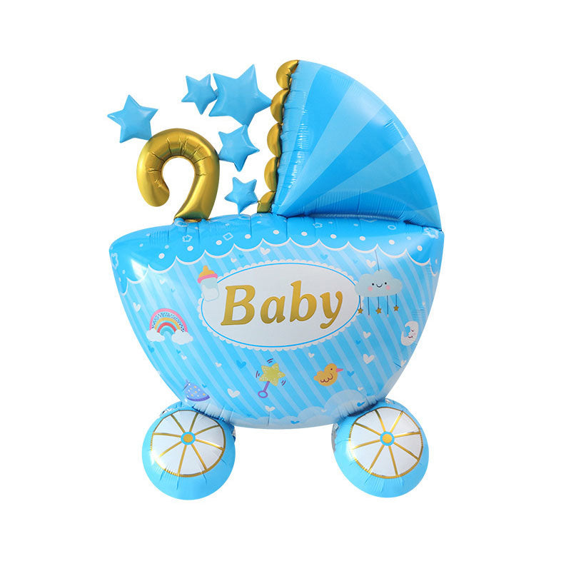 A blue baby shower balloon shaped like a stroller with the word 'Baby' on the front, blue star accents, and a gold number 2 balloon emerging from the canopy, shown on a plain white background.
