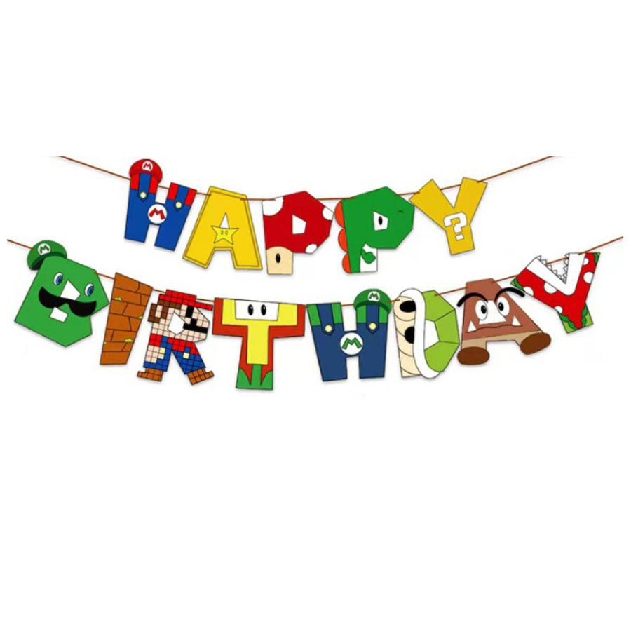 Classic Super Mario game featuring the happy birthday banner decoration set.