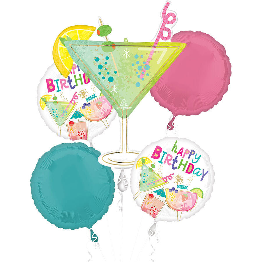Set of birthday-themed balloons including a martini glass, lemon, pink balloon, and round teal balloon on a white background.