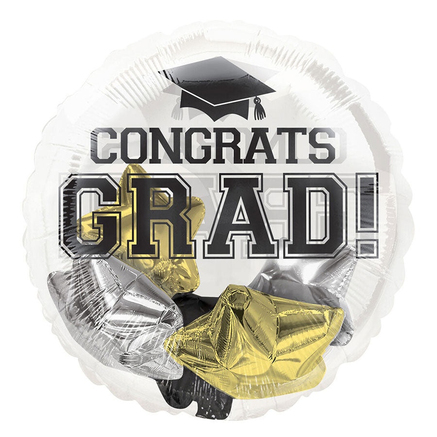Graduation-themed balloon with 'Congrats Grad!' text and caps on a clear background