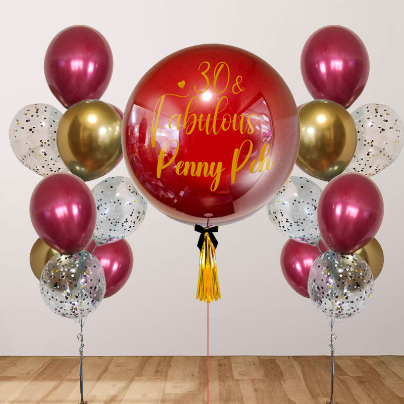 Customised 36" Crystal Burgundy Latex Balloon with 2 Confetti Chrome Bouquets