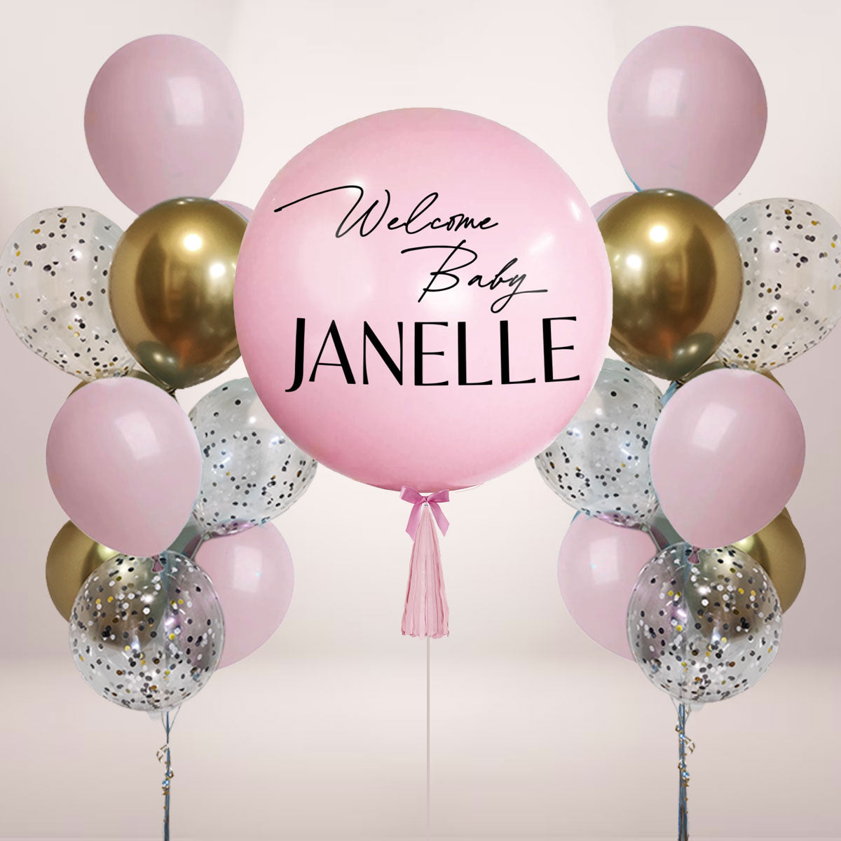 Customised 36" Macaron Pink Latex Balloon with 2 Confetti Chrome Bouquets