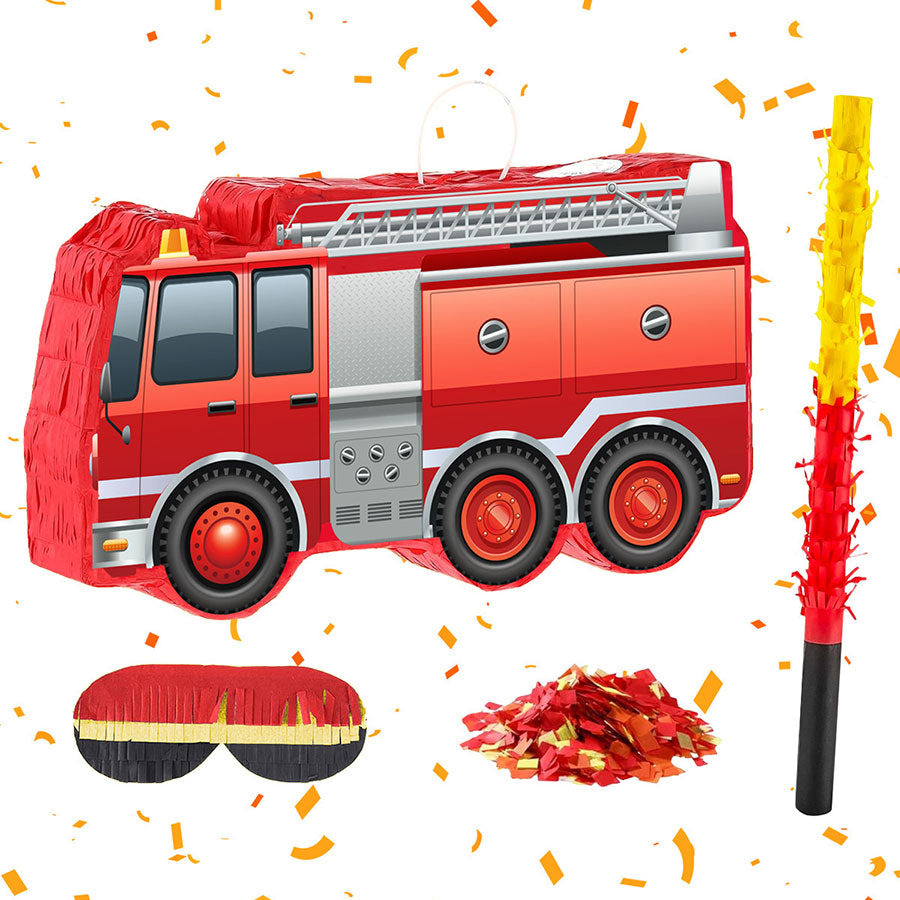Fire truck party decoration set featuring a red fire truck piñata, a yellow and red striped piñata bat, a black blindfold, and a pile of red and orange confetti on a white background with scattered confetti.
