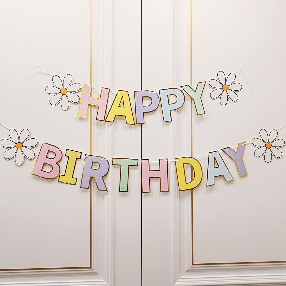 Gold Trim Colorful "HAPPY BIRTHDAY" Banner with Flowers