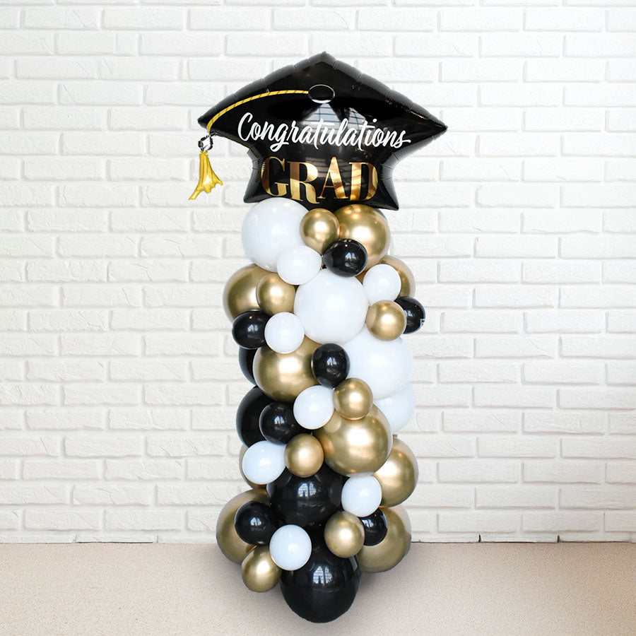 Grad Cap Tall Balloon Column in Black & Gold