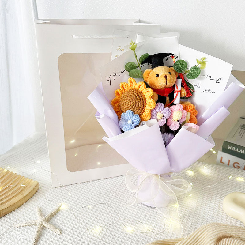 Graduation Brown Bear Knitted Flower Bouquet