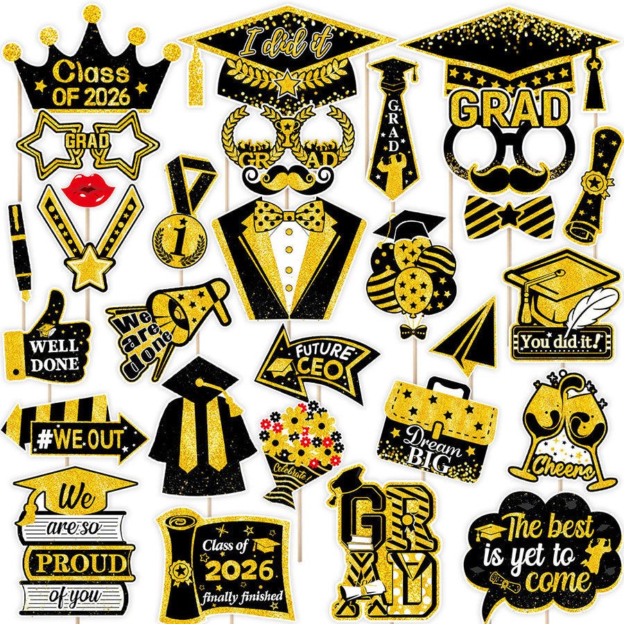 Collection of graduation-themed photo booth props with black and gold colors.