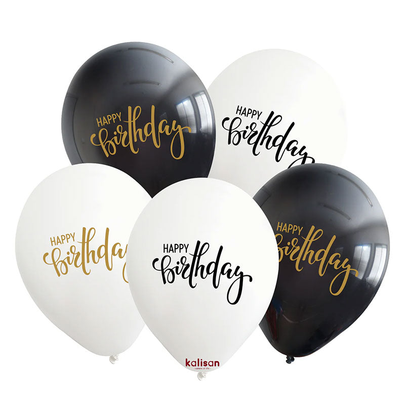 11" Black White Happy Birthday Latex Balloons (5PC)