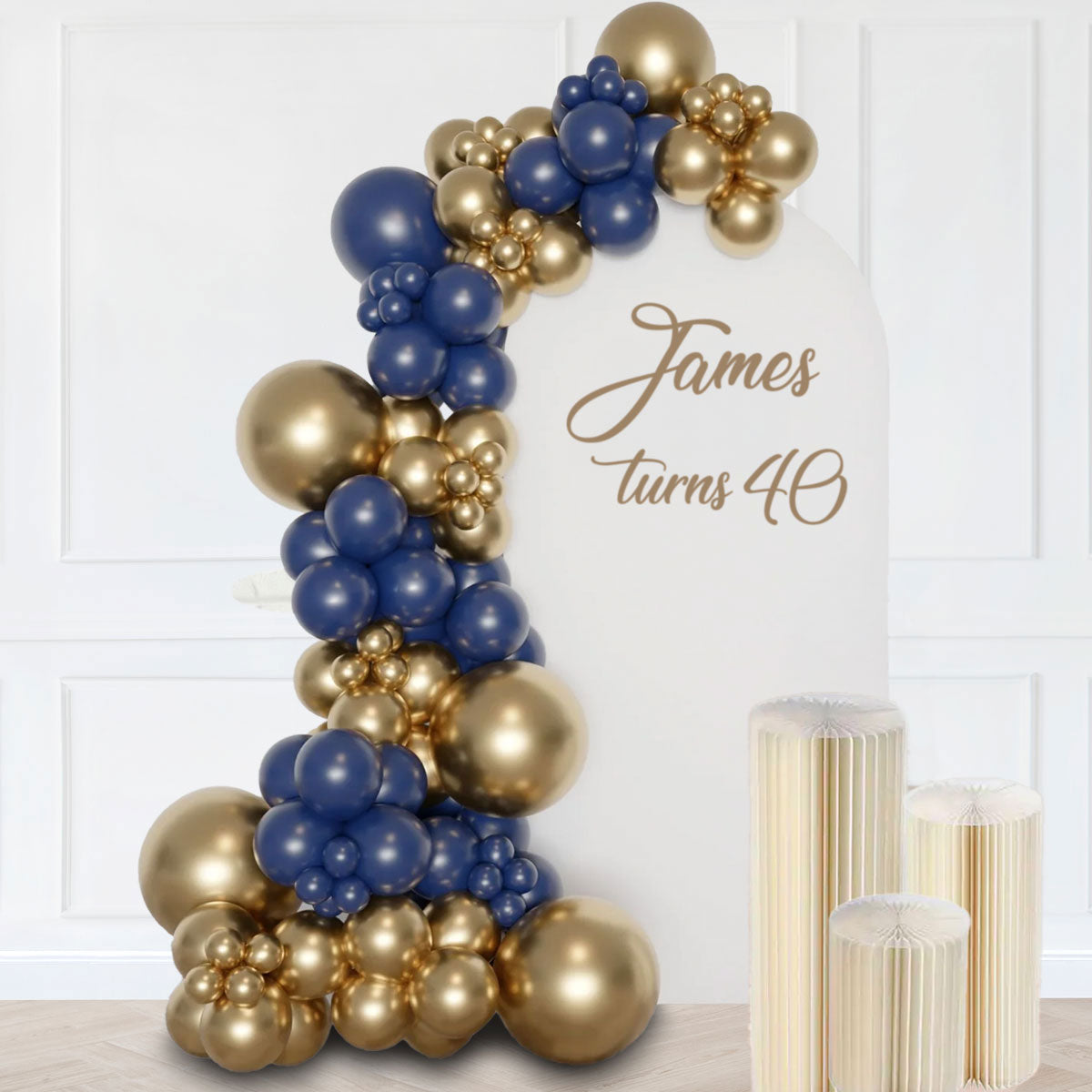 Navy Blue Gold Balloon Garland Backdrop with set up service.
