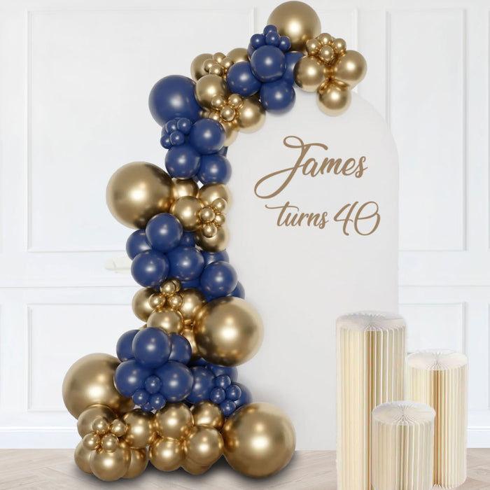 Navy Blue Gold Balloon Garland Backdrop with set up service.