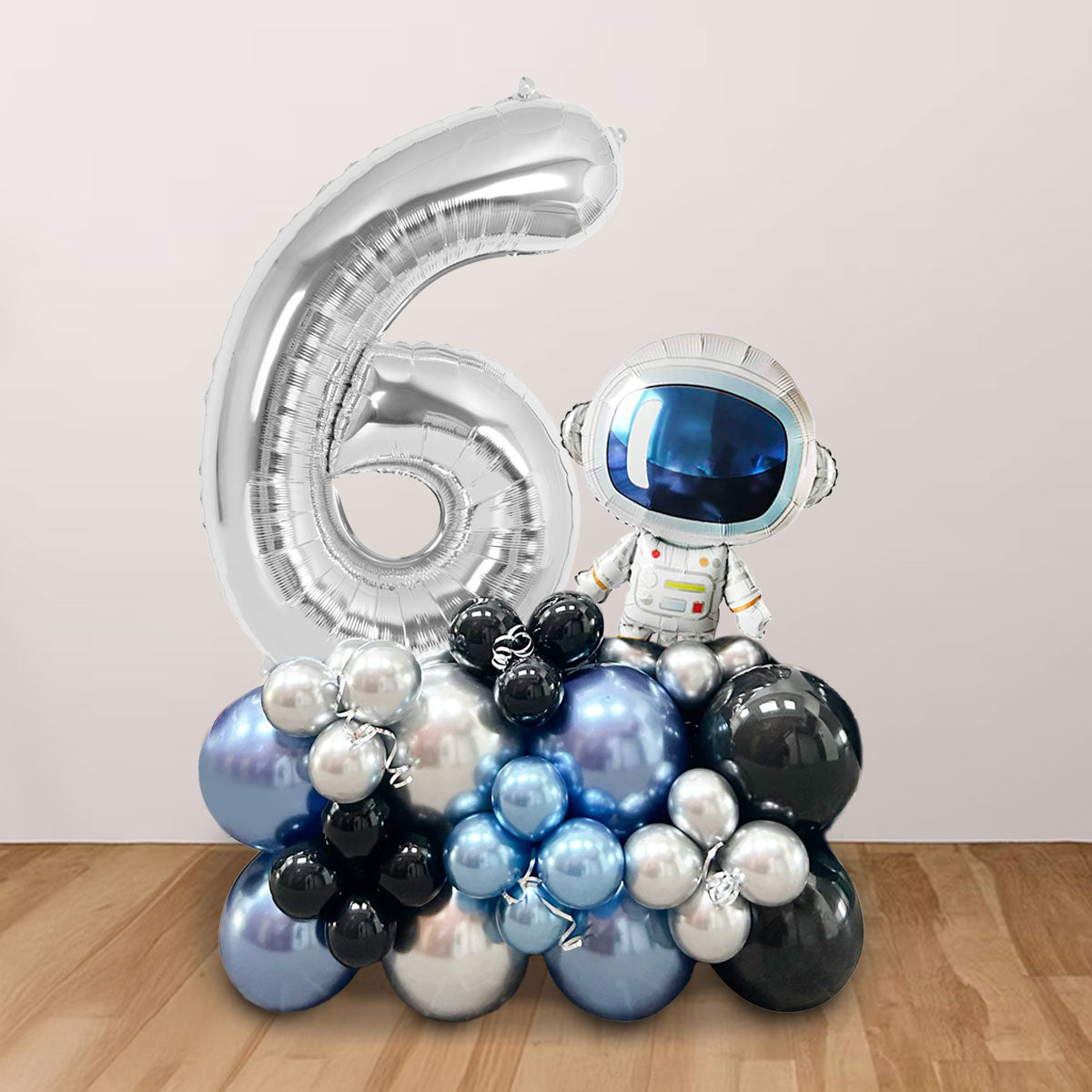 Outer Space Astronaut Number Balloon Cluster Stand in Chrome Colours