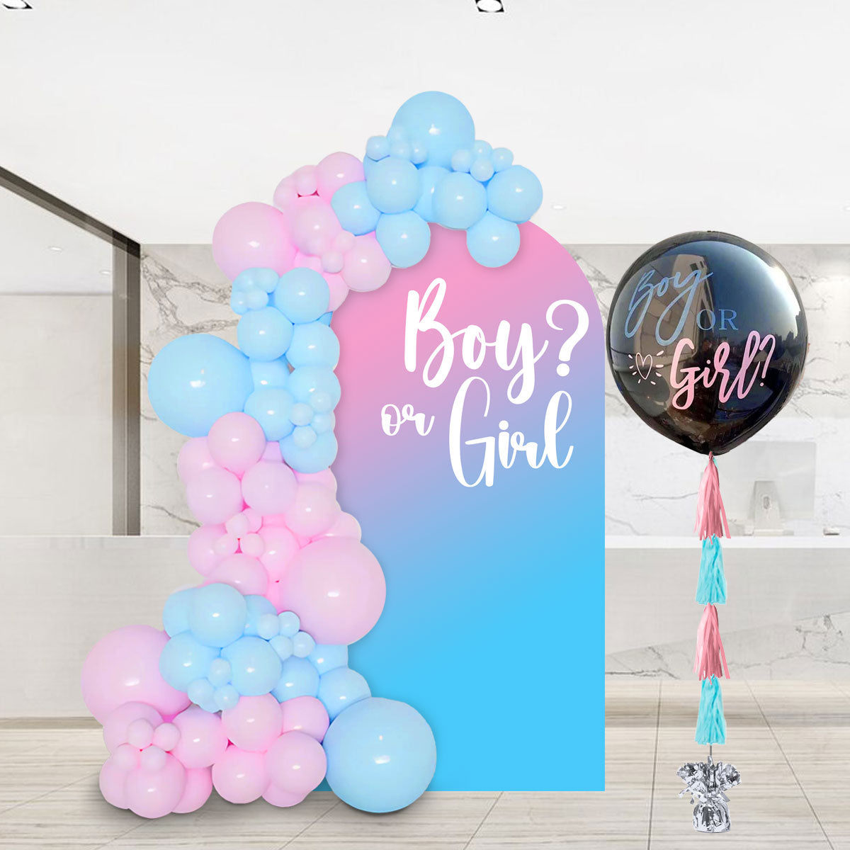 Boy or Girl? Pink Blue themed balloon garland backdrop for the gender reveal party!