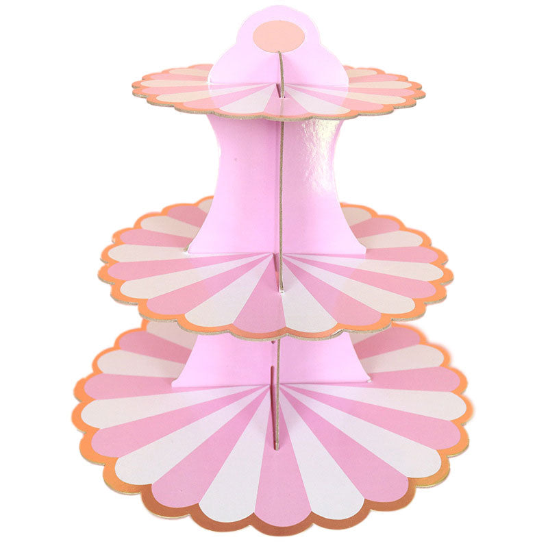 Create a tower of treats with this gold & pink stripes cupcake stand! Able to hold 24 standard sized cupcakes. This 3-tier cardboard cupcake stand measures 28cm high. Diameters for 1st tier, 2nd tier and 3rd tier are 20cm, 25cm and 30cm respectively.
