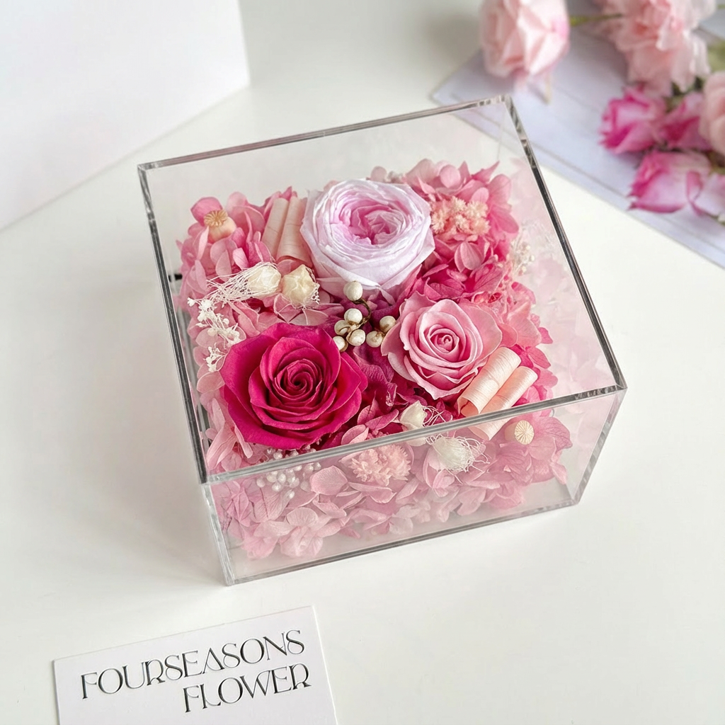 Everlasting Rosy Pink Rose Preserved Flower Box
