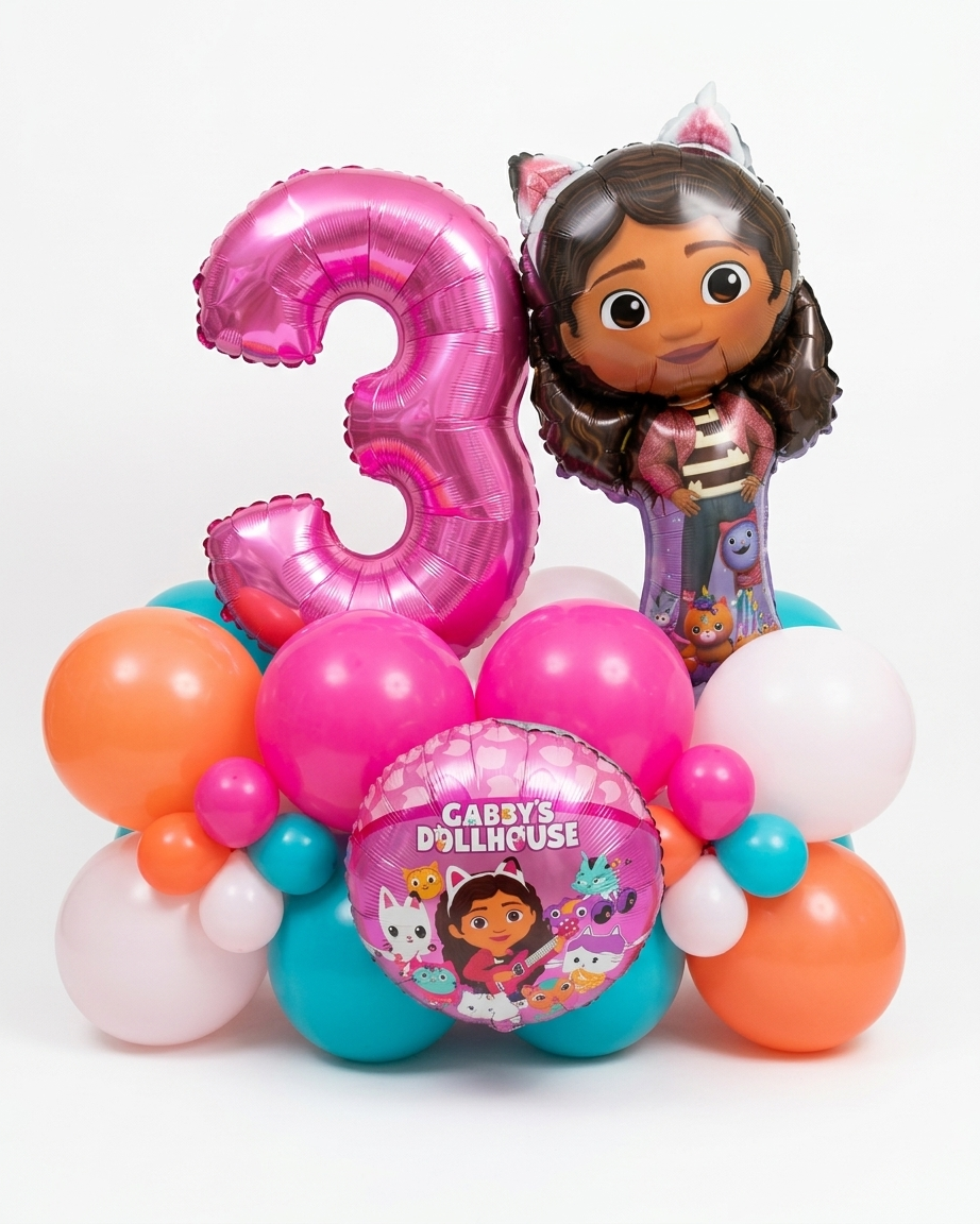 Gabby Doll House Number Balloon Cluster Stand in Pink Lilac Green