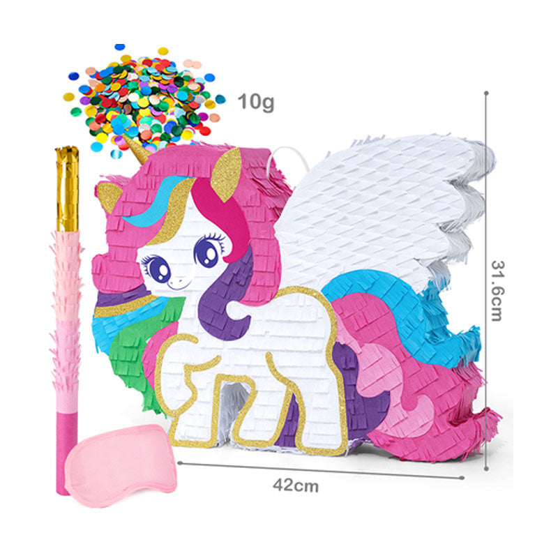 Unicorn-shaped piñata with accessories on a white background