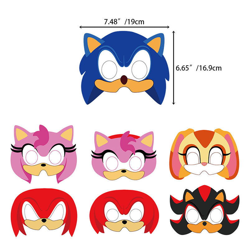 Set of cartoon character masks with measurements on a white background
