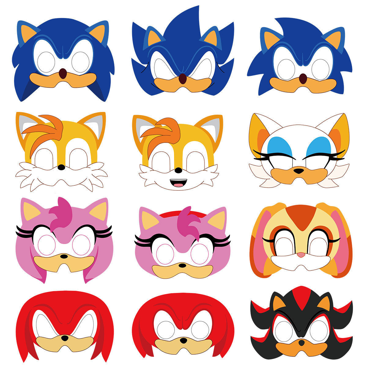 Set of colorful Sonic character masks on a white background