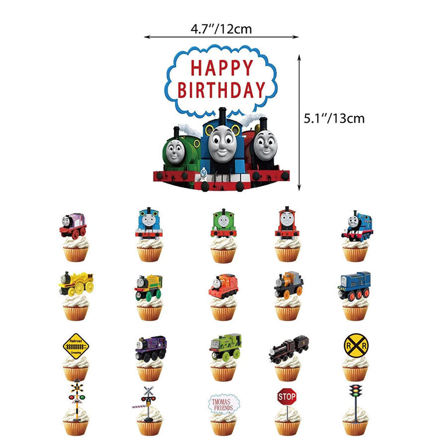 Thomas the Tank Engine themed cupcake toppers displayed on a white background, including a large 'HAPPY BIRTHDAY' sign with character toppers and multiple small cupcake toppers featuring different train designs and signal signs.