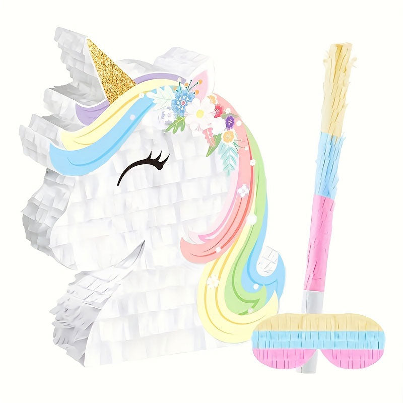 Unicorn-shaped pinata with colorful design on a white background