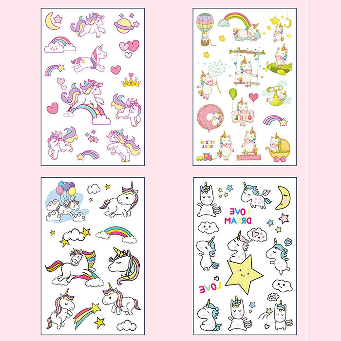 4 sheets of tattoos in each booklet of Unicorn themed Tattoo Pack.