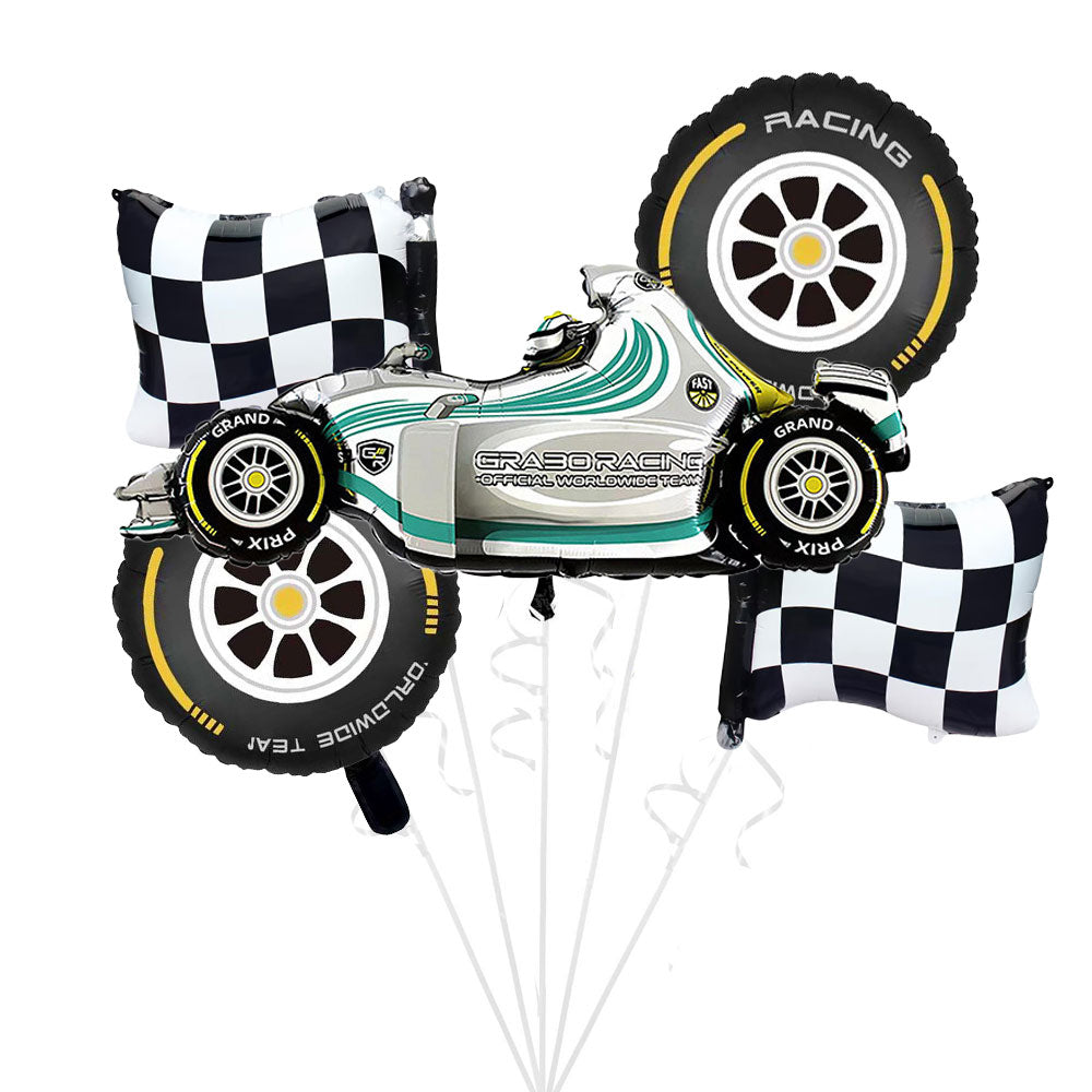 White Mecedes F1 Racing car balloon with checkered flags and tires on a white background