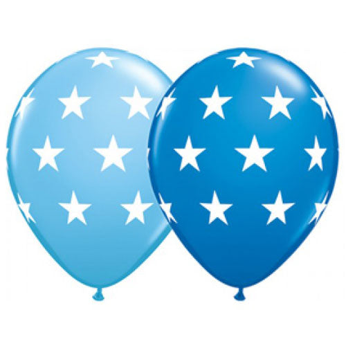 Blue toned latex balloons with stars printed on them.