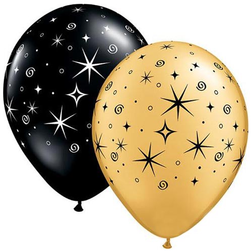 Black and Gold latex balloons with sparkles and stars printed on them.