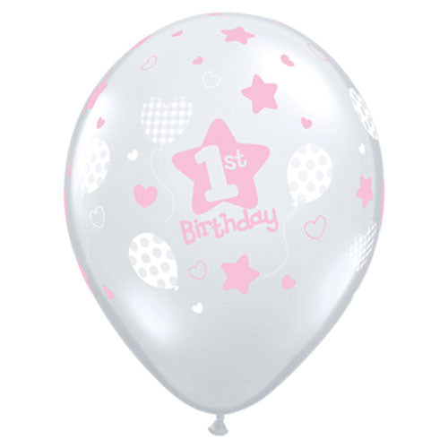 11" Pink Clear 1st Birthday Balloons (5PC)