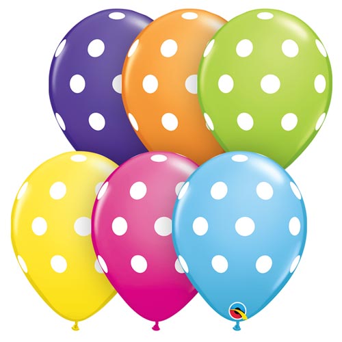 Colourful polkadot latex balloons filled with helium.