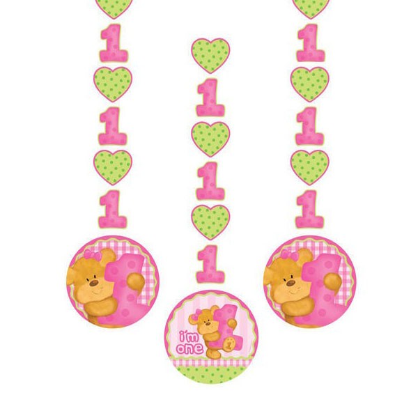 Decorate your party with this cute 1st Birthday Bear giant banner. Fun and lovely! Bear’s First Birthday Hanging Cutout Assortment features a medallion of an adorable brown bear hugging a big pink polka dotted number “1” on two of the hanging decorati