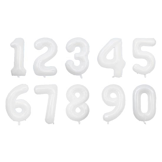 White matt jumbo balloons in the shape of numbers. Form your desired number to represent the birthday age, whether it's 1st birthday, 21st birthday, sweet 16, marvellous 30, Coolest 18th, or Grand 50, you can have a number balloon for it.