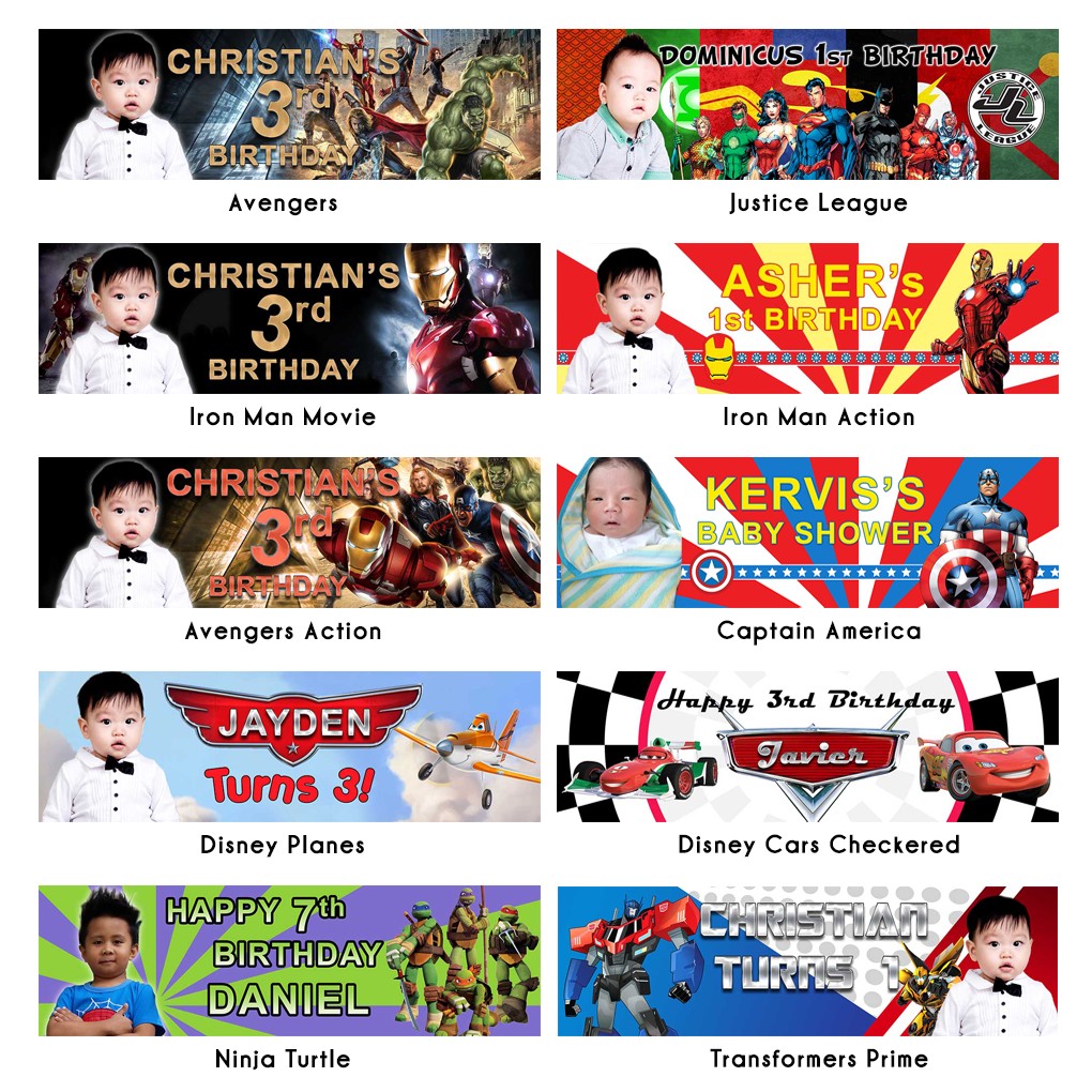 Superheroes like Iron Man, Spiderman, Thor, Captain America, Superman, Flash, Wonder Woman, Batman are the favourites. Get a birthday banner customised to your child's name and photo.