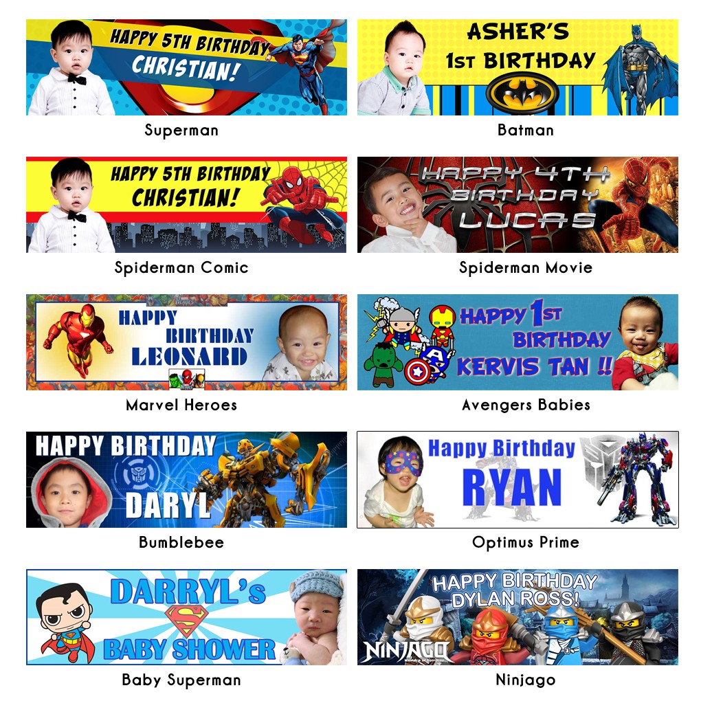 Transformers and Superheroes themed banner together with Lego Ninjago. These are great with customised photo and words.