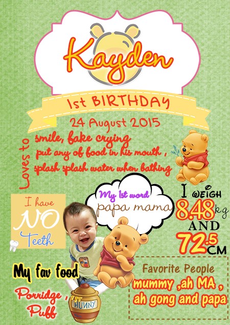 Jayden's Milestone Board featuring his favourite character, Winnie the Pooh.