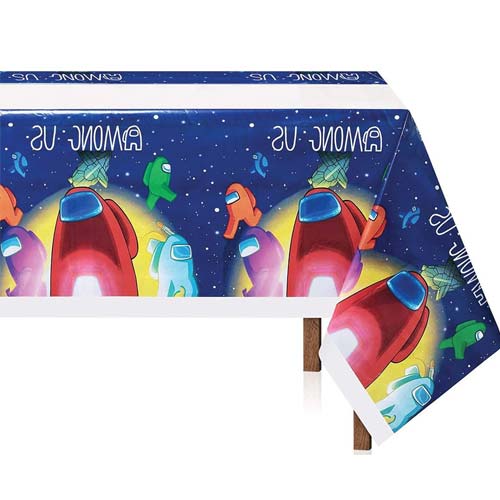 Among Us themed table cover for the great birthday party for the gamer birthday star!