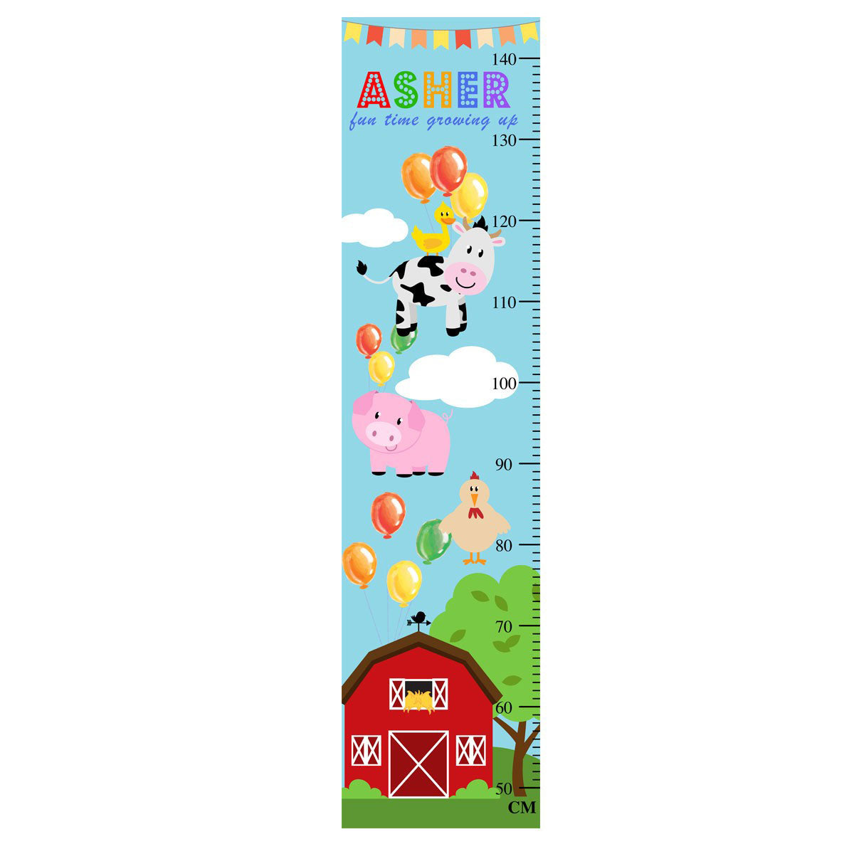 Barnyard animals floating around with helium balloons. Create a great atmosphere for your boy or girl in the bedroom with this nicely decorated growth chart.