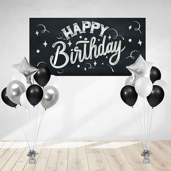 Black Chalkboard theme birthday banner & balloons in silver white and black.